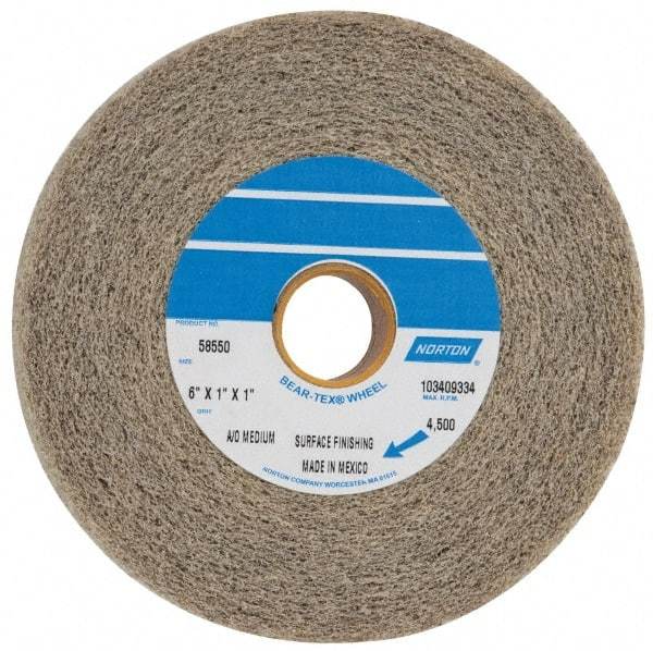 Norton - 6" Diam, 1" Face Width, 1" Center Hole, Medium Grade, Aluminum Oxide Deburring Wheel - Convolute, Medium Density 4 Grade, 4,500 RPM - Benchmark Tooling