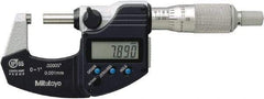 Mitutoyo - 0.0001 Inch Resolution, Standard Throat, Electronic Outside Micrometer - Includes Stand - Benchmark Tooling