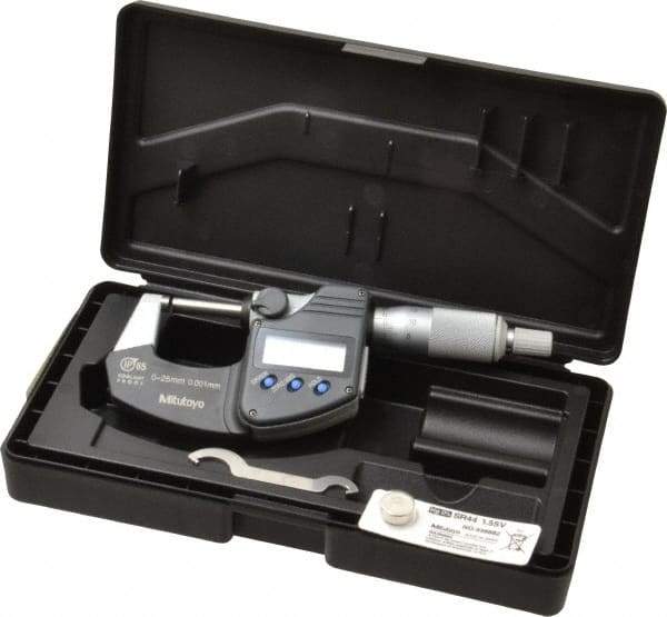 Mitutoyo - 0 to 25 mm Range, 0.001 mm Resolution, Standard Throat, IP65 Electronic Outside Micrometer - 0.001 Inch Accuracy, Ratchet Stop Thimble, Carbide Face, SR44 Battery, Data Output, Plastic Case, Includes NIST Traceable Certification of Inspection - Benchmark Tooling