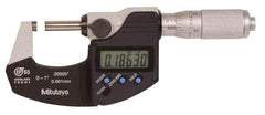 Mitutoyo - 0.0001 Inch Resolution, Standard Throat, Electronic Outside Micrometer - Includes Stand - Benchmark Tooling