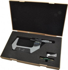 Mitutoyo - 3 to 4 Inch Range, 0.0001 Inch Resolution, Standard Throat, IP65 Electronic Outside Micrometer - 0.0001 Inch Accuracy, Ratchet Stop Thimble, Carbide Face, SR44 Battery, Data Output, Plastic Case - Benchmark Tooling