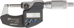 Mitutoyo - 0 to 1 Inch Range, 0.0001 Inch Resolution, Standard Throat, IP65 Electronic Outside Micrometer - 0.0001 Inch Accuracy, Ratchet Friction Thimble, Carbide Face, SR44 Battery, Plastic Case, Includes NIST Traceable Certification of Inspection - Benchmark Tooling