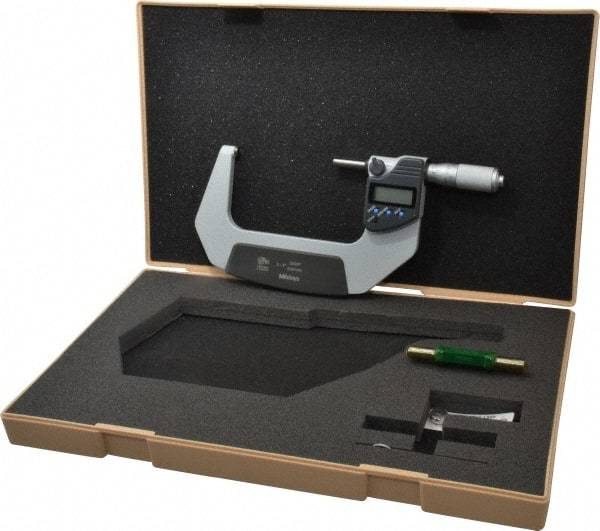 Mitutoyo - 3 to 4 Inch Range, 0.0001 Inch Resolution, Standard Throat, IP65 Electronic Outside Micrometer - 0.0001 Inch Accuracy, Ratchet Friction Thimble, Carbide Face, SR44 Battery, Plastic Case - Benchmark Tooling