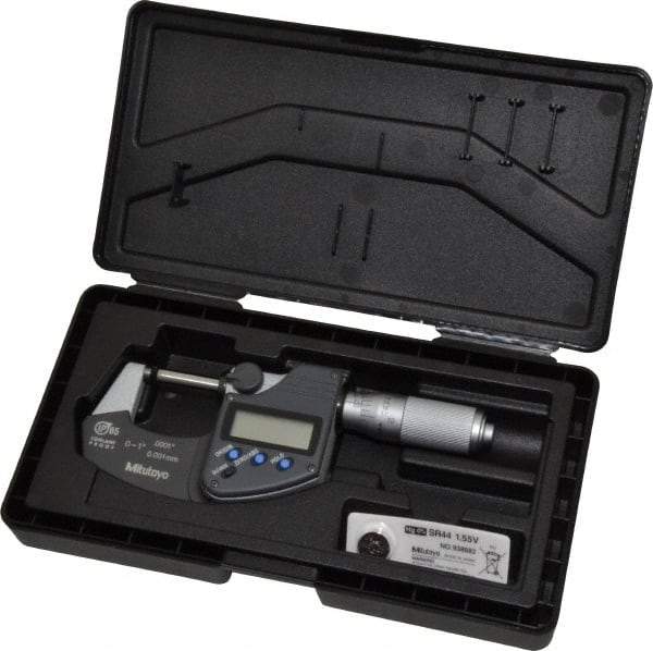 Mitutoyo - 0 to 1 Inch Range, 0.0001 Inch Resolution, Standard Throat, IP65 Electronic Outside Micrometer - 0.0001 Inch Accuracy, Ratchet Friction Thimble, Carbide Face, SR44 Battery, Plastic Case - Benchmark Tooling