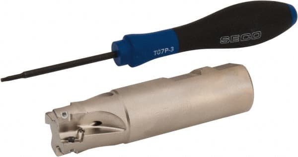 Seco - 1" Cut Diam, 0.354" Max Depth of Cut, 1" Shank Diam, 3.78" OAL, Indexable Square Shoulder End Mill - XO.X 10T3.. Inserts, Weldon Shank, 90° Lead Angle, Through Coolant, Series Turbo 10 - Benchmark Tooling