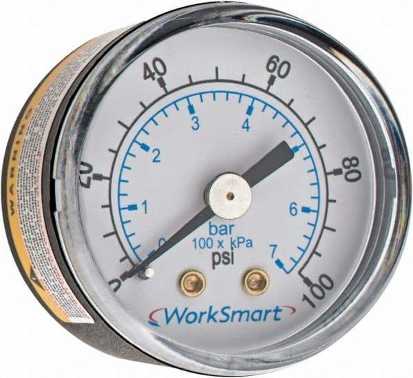 Value Collection - 1-1/2" Dial, 1/8 Thread, 0-100 Scale Range, Pressure Gauge - Center Back Connection Mount, Accurate to 3-2-3% of Scale - Benchmark Tooling