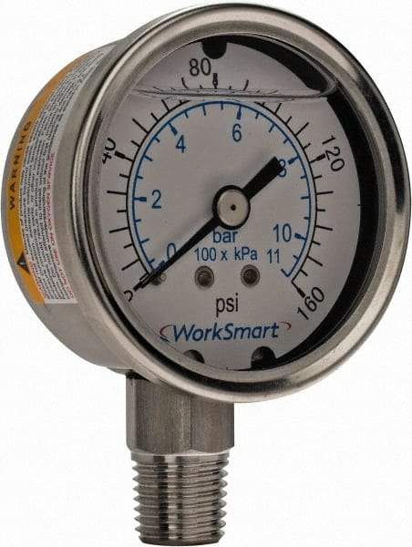 Value Collection - 2" Dial, 1/4 Thread, 0-160 Scale Range, Pressure Gauge - Lower Connection Mount, Accurate to 3-2-3% of Scale - Benchmark Tooling