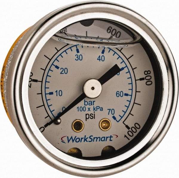 Value Collection - 1-1/2" Dial, 1/8 Thread, 0-1,000 Scale Range, Pressure Gauge - Center Back Connection Mount, Accurate to 3-2-3% of Scale - Benchmark Tooling