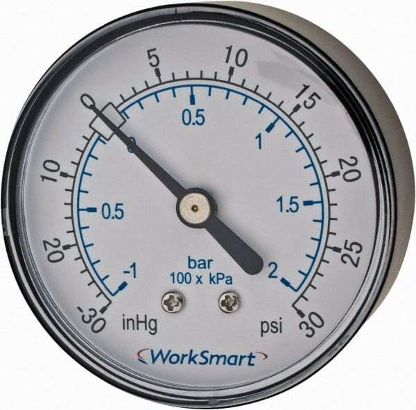 Value Collection - 2-1/2" Dial, 1/4 Thread, 30-0-30 Scale Range, Pressure Gauge - Center Back Connection Mount, Accurate to 3-2-3% of Scale - Benchmark Tooling