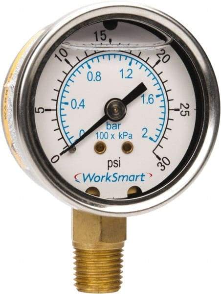 Value Collection - 2" Dial, 1/4 Thread, 0-30 Scale Range, Pressure Gauge - Lower Connection Mount, Accurate to 3-2-3% of Scale - Benchmark Tooling