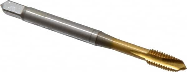OSG - M5x0.80 Metric Coarse, 3 Flute, TiN Finish, Vanadium High Speed Steel Spiral Point Tap - Plug Chamfer, Right Hand Thread, 2-3/8" OAL, 7/8" Thread Length, 0.194" Shank Diam, 6H Class of Fit, Series 342 - Exact Industrial Supply