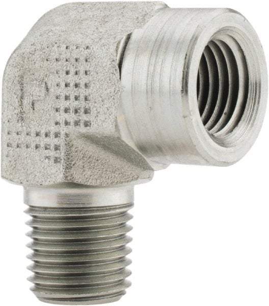 Parker - 1/4 Male Thread x 1/4 Female Thread, Zinc Plated Steel Industrial Pipe 90° Street Elbow - MNPTF x FNPTF, 5,000 psi - Benchmark Tooling