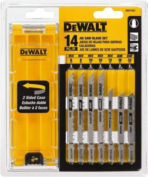 DeWALT - 14 Piece, 3" to 5" Long, 6 to 32 Teeth per Inch, Bi-Metal Jig Saw Blade Set - Toothed Edge, T-Shank - Benchmark Tooling