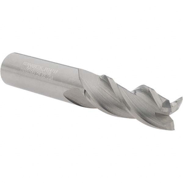 Kennametal - 1/2", 1-1/4" LOC, 1/2" Shank Diam, 3" OAL, 3 Flute, Solid Carbide Square End Mill - Single End, Uncoated, Spiral Flute, 37° Helix, Centercutting, Right Hand Cut, Right Hand Flute, Series AADE - Benchmark Tooling