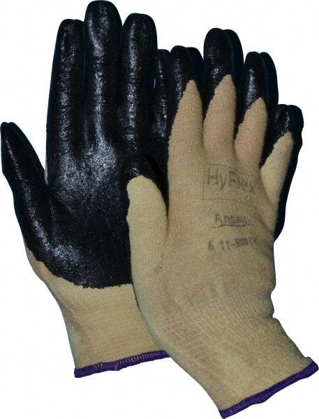 Ansell - Size XS (6), ANSI Cut Lvl 2, Abrasion Lvl 3, Nitrile Coated Cut Resistant Gloves - Palm & Fingers Coated, Kevlar Lining, Knit Wrist, Black/Yellow, Paired - Benchmark Tooling