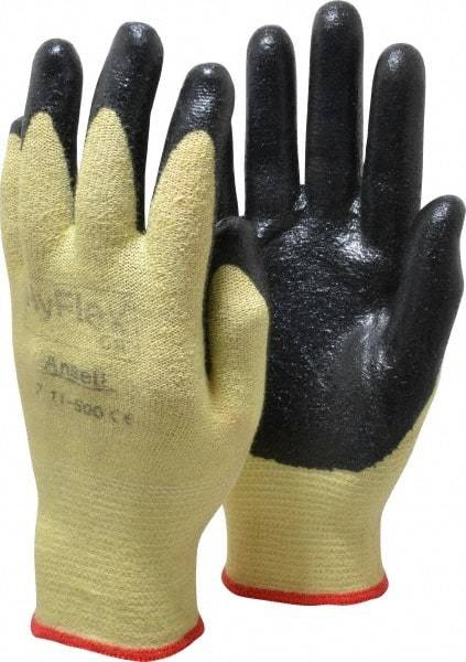 Ansell - Size S (7), ANSI Cut Lvl 2, Abrasion Lvl 3, Nitrile Coated Cut Resistant Gloves - Palm & Fingers Coated, Kevlar Lining, Knit Wrist, Black/Yellow, Paired - Benchmark Tooling