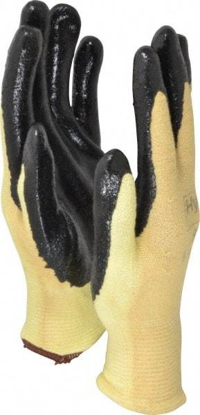 Ansell - Size L (9), ANSI Cut Lvl 2, Abrasion Lvl 3, Nitrile Coated Cut Resistant Gloves - Palm & Fingers Coated, Kevlar Lining, Knit Wrist, Black/Yellow, Paired - Benchmark Tooling
