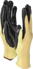 Ansell - Size L (9), ANSI Cut Lvl 2, Abrasion Lvl 3, Nitrile Coated Cut Resistant Gloves - Palm & Fingers Coated, Kevlar Lining, Knit Wrist, Black/Yellow, Paired - Benchmark Tooling