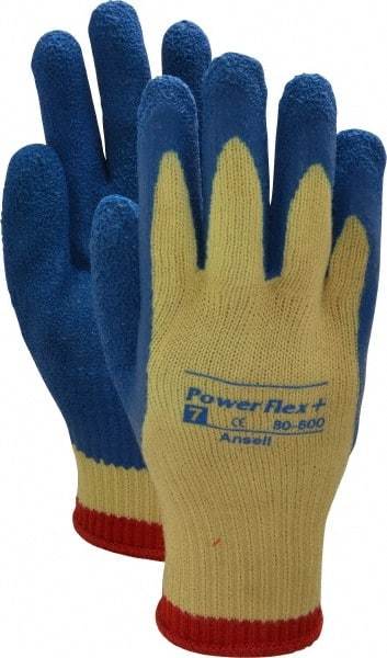 Ansell - Size S (7), ANSI Cut Lvl 2, Abrasion Lvl 4, Natural Rubber Latex Coated Cut Resistant Gloves - Palm & Fingers Coated, Kevlar Lining, Knit Wrist, Blue/Yellow, Paired - Benchmark Tooling