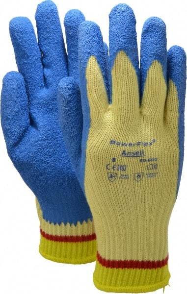 Ansell - Size M (8), ANSI Cut Lvl 2, Abrasion Lvl 4, Natural Rubber Latex Coated Cut Resistant Gloves - Palm & Fingers Coated, Kevlar Lining, Knit Wrist, Blue/Yellow, Paired - Benchmark Tooling
