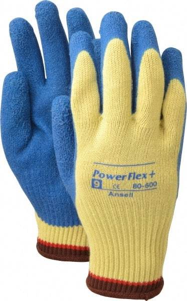 Ansell - Size L (9), ANSI Cut Lvl 2, Abrasion Lvl 4, Natural Rubber Latex Coated Cut Resistant Gloves - Palm & Fingers Coated, Kevlar Lining, Knit Wrist, Blue/Yellow, Paired - Benchmark Tooling