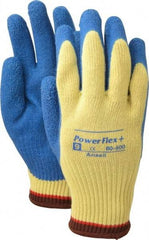 Ansell - Size L (9), ANSI Cut Lvl 2, Abrasion Lvl 4, Natural Rubber Latex Coated Cut Resistant Gloves - Palm & Fingers Coated, Kevlar Lining, Knit Wrist, Blue/Yellow, Paired - Benchmark Tooling