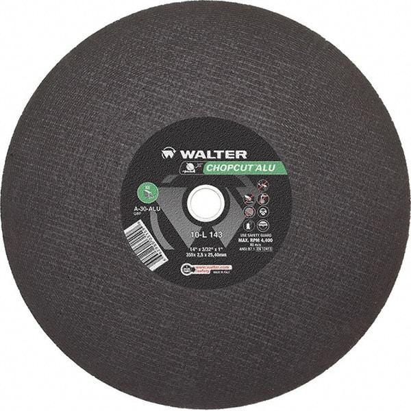 WALTER Surface Technologies - 14" 30 Grit Aluminum Oxide Cutoff Wheel - 3/32" Thick, 1" Arbor, 4,400 Max RPM, Use with Chop Saws - Benchmark Tooling