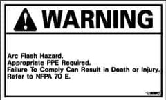 NMC - Accident Prevention Label, Header: WARNING - Legend: Warning - Arc Flash Hazard - Appropriate PPE Required - Failure to Comply Can Result in Death or Injury - Refer to NFPA 70E, English, Black & Orange, 5" Long x 3" High, Sign Muscle Finish - Benchmark Tooling