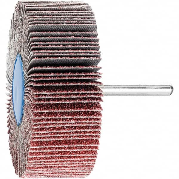 PFERD - 3" Diam x 1" Face Width, Aluminum Oxide Coated Mounted Flap Wheel - 1/4" Shank Mount, 40 Grit, 20,000 Max RPM - Benchmark Tooling
