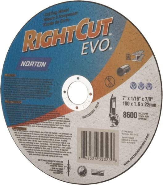 Norton - 7" Aluminum Oxide Cutoff Wheel - 0.045" Thick, 7/8" Arbor, 8,600 Max RPM, Use with Angle Grinders - Benchmark Tooling