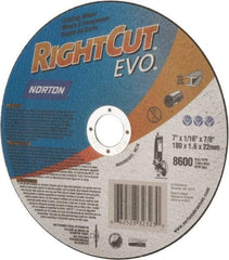 Norton - 7" Aluminum Oxide Cutoff Wheel - 0.045" Thick, 7/8" Arbor, 8,600 Max RPM, Use with Angle Grinders - Benchmark Tooling