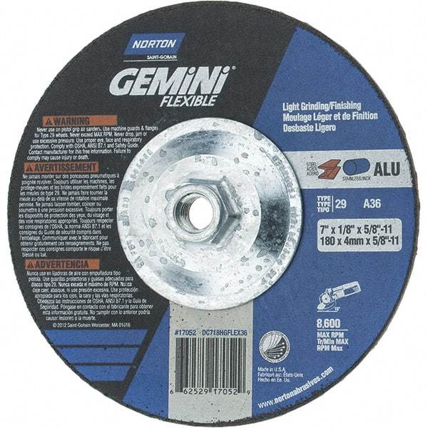 Norton - 36 Grit, 7" Wheel Diam, 1/8" Wheel Thickness, Type 29 Depressed Center Wheel - Aluminum Oxide, 8,600 Max RPM, Compatible with Angle Grinder - Benchmark Tooling