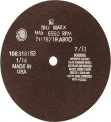 Tru-Maxx - 7" 60 Grit Aluminum Oxide Cutoff Wheel - 1/16" Thick, 1/2" Arbor, 5,184 Max RPM, Use with Stationary Tools - Benchmark Tooling