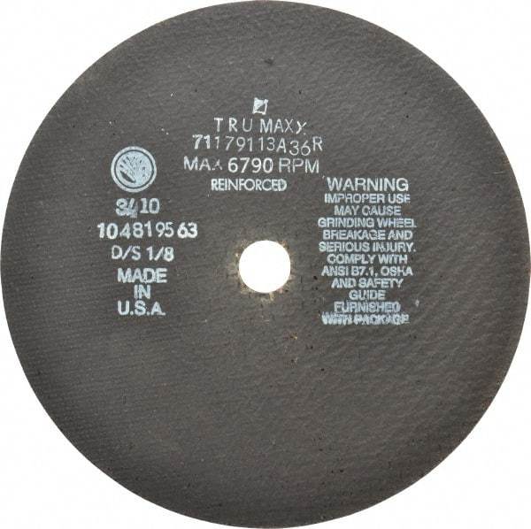 Tru-Maxx - 9" 36 Grit Aluminum Oxide Cutoff Wheel - 1/8" Thick, 7/8" Arbor, 6,791 Max RPM, Use with Angle Grinders - Benchmark Tooling