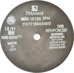 Tru-Maxx - 6" 60 Grit Aluminum Oxide Cutoff Wheel - 1/16" Thick, 1/2" Arbor, 10,186 Max RPM, Use with Stationary Tools - Benchmark Tooling