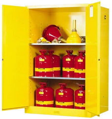 Justrite - 2 Door, 2 Shelf, Yellow Steel Standard Safety Cabinet for Flammable and Combustible Liquids - 65" High x 43" Wide x 34" Deep, Manual Closing Door, 3 Point Key Lock, 90 Gal Capacity - Benchmark Tooling