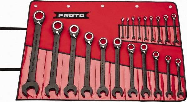 Proto - 20 Piece, 7/32" to 1-1/2", 12 Point Combination Wrench Set - Inch Measurement Standard, Black/Chrome Finish, Comes in Pouch - Benchmark Tooling