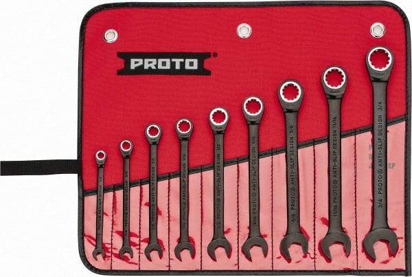 Proto - 9 Piece, 1/4" to 3/4", Ratcheting Combination Wrench Set - 12 Point, Black/Chrome Finish, Comes in Pouch - Benchmark Tooling