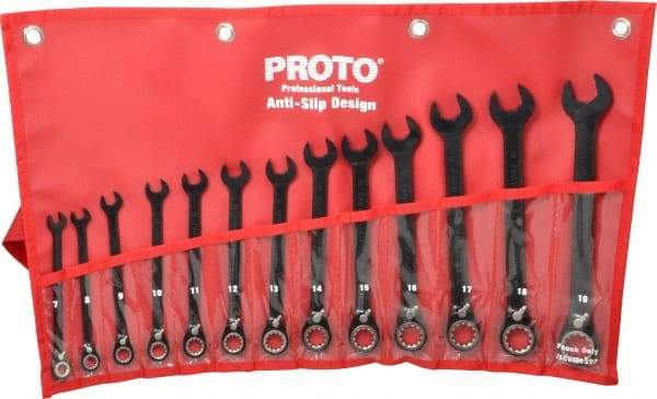 Proto - 13 Piece, 7mm to 19mm, 12 Point Combination Wrench Set - Metric Measurement Standard, Black/Chrome Finish, Comes in Pouch - Benchmark Tooling