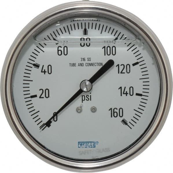 Wika - 4" Dial, 1/4 Thread, 0-160 Scale Range, Pressure Gauge - Lower Back Connection Mount, Accurate to 1% of Scale - Benchmark Tooling