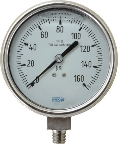 Wika - 4" Dial, 1/4 Thread, 0-160 Scale Range, Pressure Gauge - Lower Connection Mount, Accurate to 1% of Scale - Benchmark Tooling