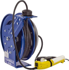 CoxReels - 16 AWG, 100' Cable Length, Cord & Cable Reel with Fluorescent Angle Light with Tool Tap Plug End - 1 Outlet, 13 Amps, 115 Volts, SJTO Cable, Blue Reel, Spring Driven Reel - Benchmark Tooling