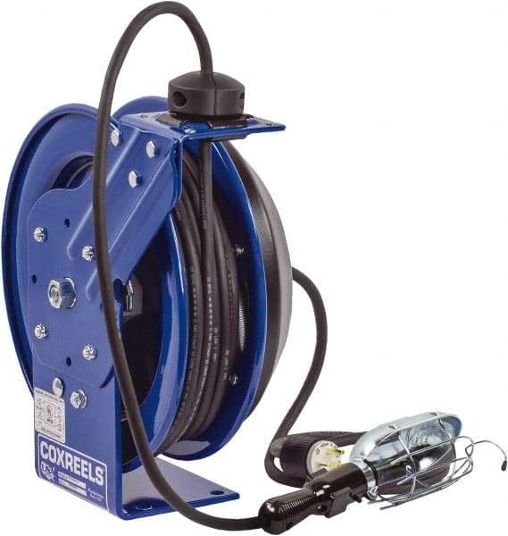 CoxReels - 16 AWG, 50' Cable Length, Cord & Cable Reel with Incandescent Hand Lamp with Tool Tap Plug End - 1 Outlet, NEMA 5-15R, 13 Amps, 115 Volts, SJTO Cable, Blue Reel, Spring Driven Reel - Benchmark Tooling