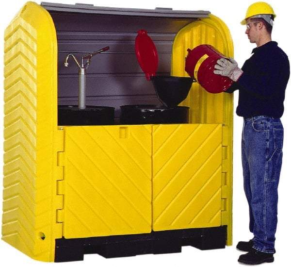 UltraTech - 41-1/4" Wide x 67-1/4" Deep x 74" High, Polyethylene Vertical Drum Cabinet - Yellow/Black, Roll Top & Swing-out Barn Style Door, 1 Shelf, 2 Drums - Benchmark Tooling