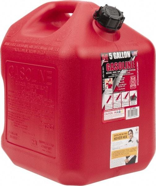 Made in USA - 5 Gal High Density Polyethylene Spill-Proof CARB Gas Can - 16" High x 10-3/4" Diam, Red - Benchmark Tooling