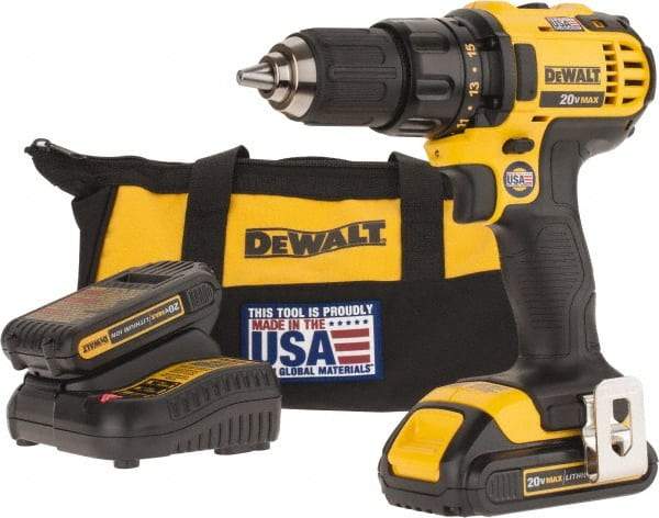 DeWALT - 20 Volt 1/2" Chuck Pistol Grip Handle Cordless Drill - 0-600 & 0-2000 RPM, Keyless Chuck, Reversible, 2 Lithium-Ion Batteries Included - Benchmark Tooling