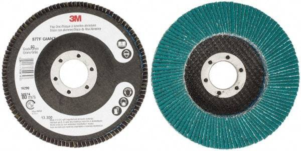 3M - 80 Grit, 4-1/2" Disc Diam, 7/8" Center Hole, Type 27 Zirconia Alumina Flap Disc - 13,300 Max RPM, Cloth Backing, Arbor Attaching System, Coated - Benchmark Tooling
