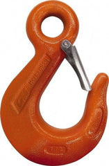 CM - Chain Grade 100, 4,300 Lbs. Load Limit Eye Sling Hook with Latch - 2-1/2 Inch Hook Throat, 4-3/4 Inch Reach, 0.63 Inch Eye Inside Diameter, 9/32 Inch Chain Diameter, 6.45 Inch Overall Length, 0.47 Inch Eye Thickness - Benchmark Tooling