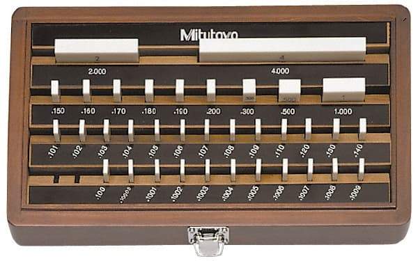 Mitutoyo - 36 Piece, 0.05 to 4", Grade 0, Ceramic Gage Block Set - Square, 12µ (4"), 5µ (0.05-0.4"), 6µ (0.45-1"), 8µ (2") Tolerance - Benchmark Tooling