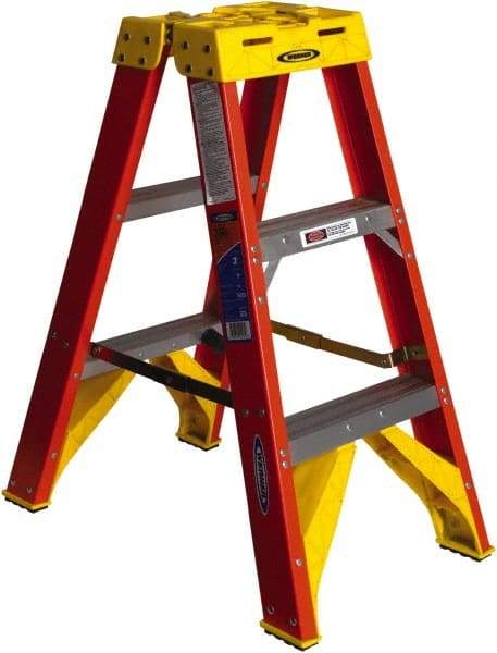 Werner - 2 Steps, 3' High, Type IA Rating, Fiberglass Step Ladder - 300 Lb Capacity, 18-1/8" Base Width - Benchmark Tooling